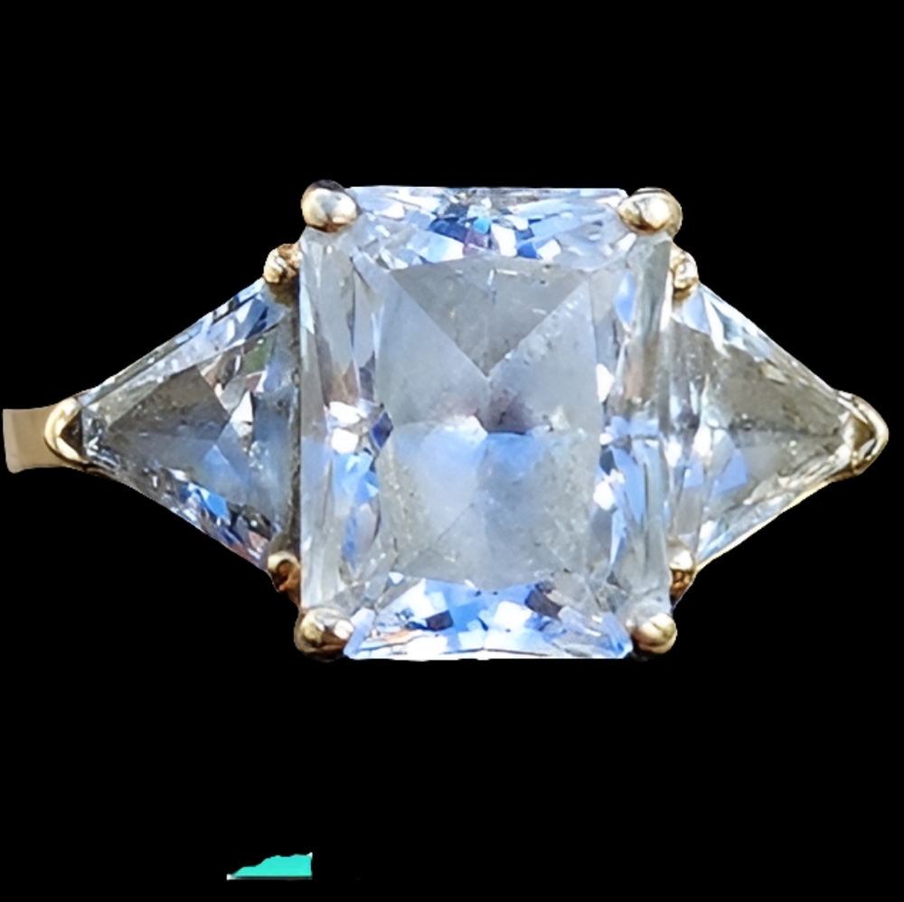 14K Gold Three Stone Radiant Cut Cubic Zirconia Engagement Ring Sz 5.75 Wedding